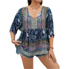 Women's Plus Size Floral Blouses 3/4 Sleeve Tie Neck Boho Tops Casual Summer Shirts in Saudi Arabia