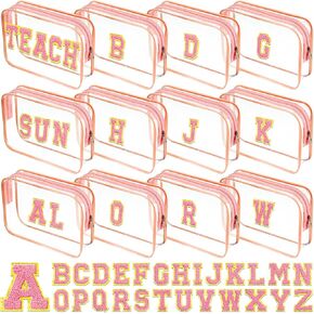 12 Personalized Initial A-z Preppy Patch Clear Makeup Bag Initial Letter Beach Travel Toiletry Cosmetic PVC Bag DIY Chenille Sew Letter Patches End of the Year Gifts(White, Multicolor Letters) in Kuwait
