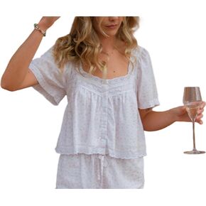 النساء الدانتيل القميص قميص كارديجان قصير زر أسفل الكشكش بلوزة الصيف بوهو قمم y2k الخروج من قمم in Kuwait