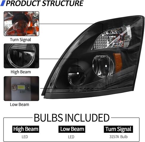LED Headlight Assembly Compatible with Volvo VNL 2004-2014,Black Factory Style LED High/Low Beam Headlamp Driver and Passenger (Pair of Headlight Assembly) in Kuwait