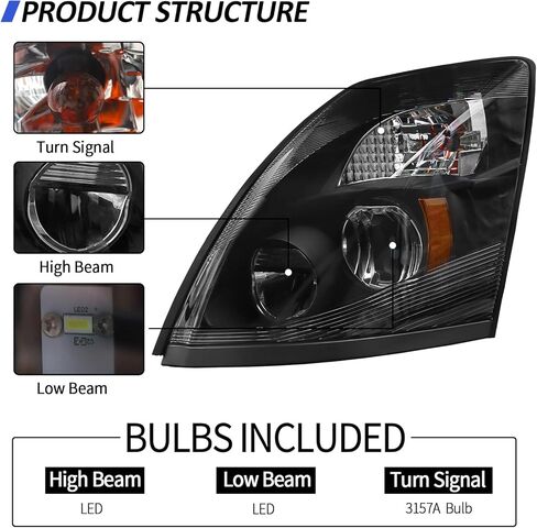 LED Headlight Assembly Compatible with Volvo VNL 2004-2014,Black Factory Style LED High/Low Beam Headlamp Driver and Passenger (Pair of Headlight Assembly) in Kuwait