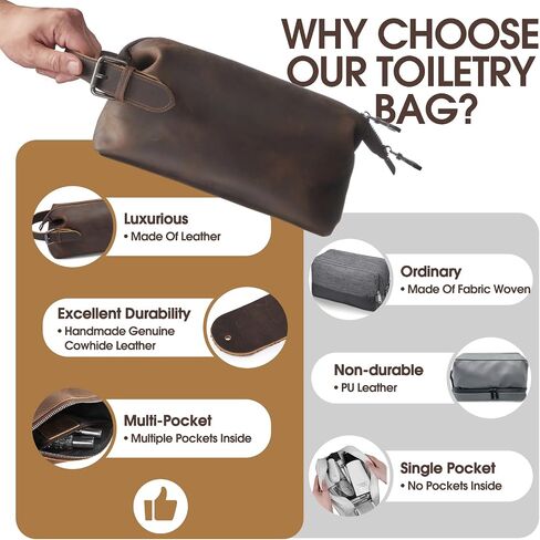 Travel Toiletry Bag for Men Hanging Dopp Kit - 100% Genuine Leather Mens Travel Organizer- Shaving Bag for Toiletries Accessories with Large Capacity -Best Gift for Husband Father Boyfriend, Black in Saudi Arabia