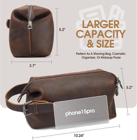 Travel Toiletry Bag for Men Hanging Dopp Kit - 100% Genuine Leather Mens Travel Organizer- Shaving Bag for Toiletries Accessories with Large Capacity -Best Gift for Husband Father Boyfriend, Black in Saudi Arabia