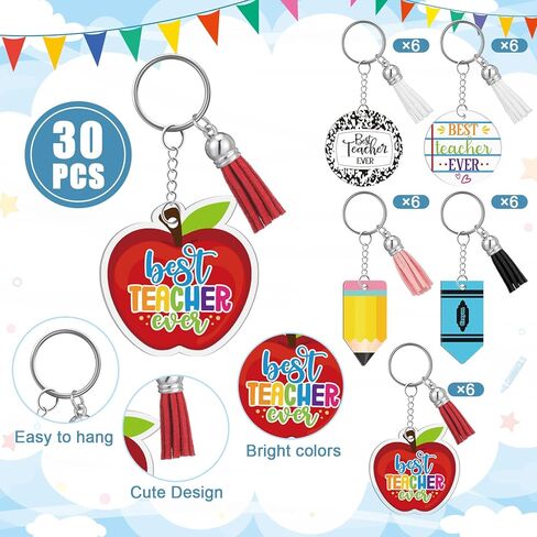 Sureio 30 Pcs Teachers Appreciation Gifts Bulk Teacher Keychain Bulk with Tassel Teacher Pencil Charms Keychain for Students Teacher Keychain Acrylic Keychain Teacher Gifts in Bulk in Kuwait