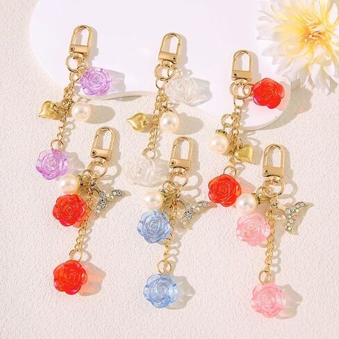 Elegant Rose Flower Charm Keychain Cute Flower Plant Keychain Keyring for Women Car Key Accessory Decor in Kuwait