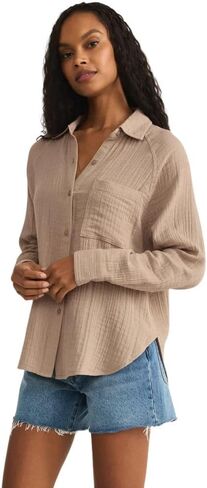 Z SUPPLY Women's Perfect Airy Gauze Button Up, Iced Coffee in Saudi Arabia