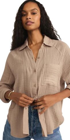 Z SUPPLY Women's Perfect Airy Gauze Button Up, Iced Coffee in Saudi Arabia