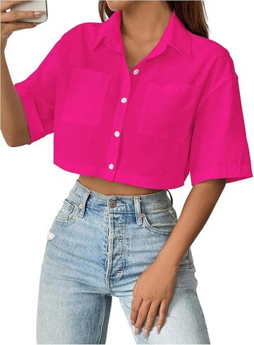 WDIRARA Women's Button Down Shirts Short Sleeve Collared Loose Blouse Casual Crop Tops in Saudi Arabia