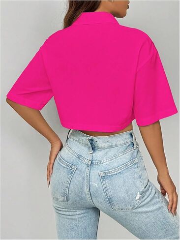 WDIRARA Women's Button Down Shirts Short Sleeve Collared Loose Blouse Casual Crop Tops in Saudi Arabia