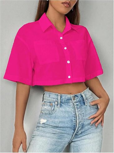 WDIRARA Women's Button Down Shirts Short Sleeve Collared Loose Blouse Casual Crop Tops in Saudi Arabia
