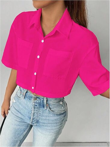 WDIRARA Women's Button Down Shirts Short Sleeve Collared Loose Blouse Casual Crop Tops in Saudi Arabia