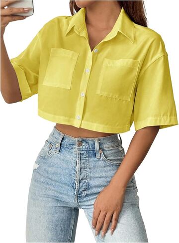 WDIRARA Women's Button Down Shirts Short Sleeve Collared Loose Blouse Casual Crop Tops in Saudi Arabia