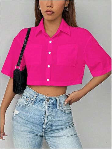 WDIRARA Women's Button Down Shirts Short Sleeve Collared Loose Blouse Casual Crop Tops in Saudi Arabia