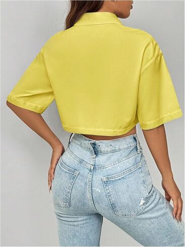 WDIRARA Women's Button Down Shirts Short Sleeve Collared Loose Blouse Casual Crop Tops in Saudi Arabia