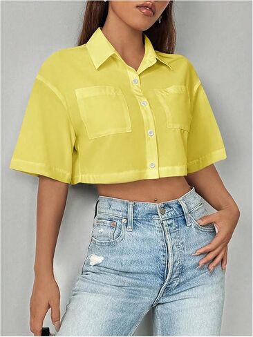 WDIRARA Women's Button Down Shirts Short Sleeve Collared Loose Blouse Casual Crop Tops in Saudi Arabia