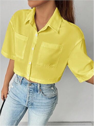 WDIRARA Women's Button Down Shirts Short Sleeve Collared Loose Blouse Casual Crop Tops in Saudi Arabia