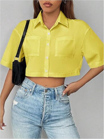 WDIRARA Women's Button Down Shirts Short Sleeve Collared Loose Blouse Casual Crop Tops in Saudi Arabia