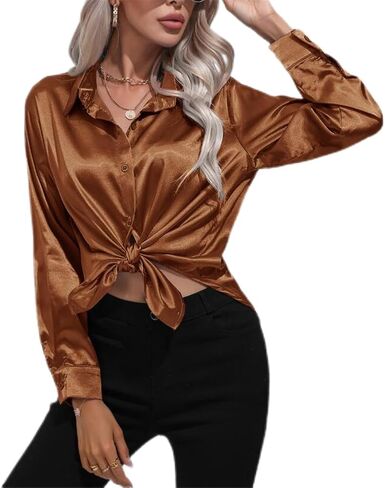 Women's Long-Sleeved Button Silk Shirts Casual Business Work Party Satin Silky Shirt Tops in Saudi Arabia