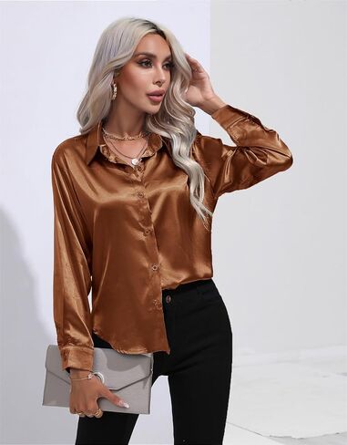 Women's Long-Sleeved Button Silk Shirts Casual Business Work Party Satin Silky Shirt Tops in Saudi Arabia