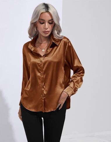 Women's Long-Sleeved Button Silk Shirts Casual Business Work Party Satin Silky Shirt Tops in Saudi Arabia
