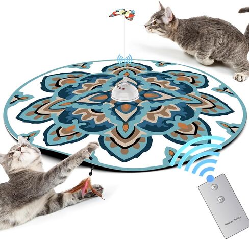 Remote Control Cat Toy 4 in 1 Interactive Automatic Cat Toy, Hide and Seek Exercises with Cover/Moving Concealed Feather/Butterfly, Catching Motion Game for Kitten Indoor (Blue Boho) in Saudi Arabia