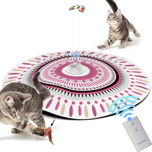 Remote Control Cat Toy 4 in 1 Interactive Automatic Cat Toy, Hide and Seek Exercises with Cover/Moving Concealed Feather/Butterfly, Catching Motion Game for Kitten Indoor (Blue Boho) in Saudi Arabia