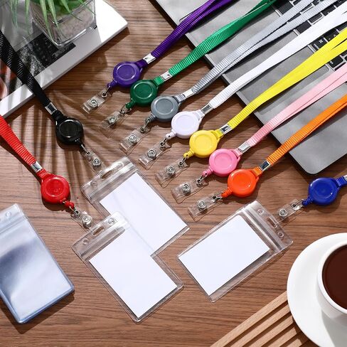 Marspark 50 Set Lanyard with ID Holder Sets Include Flat Lanyard with Retractable Badge Reel and Clear Vertical ID Card Name and ID Badge Holder for Offices ID Driver License(Black) in Kuwait