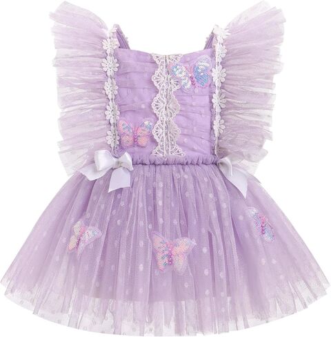 AWIBMK Baby Girl 1st Birthday Outfit Cake Smash Ruffle Sleeve V-back Embroidery Flower Boho Lace Tulle Tutu Romper Dress in Saudi Arabia
