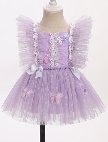 AWIBMK Baby Girl 1st Birthday Outfit Cake Smash Ruffle Sleeve V-back Embroidery Flower Boho Lace Tulle Tutu Romper Dress in Saudi Arabia