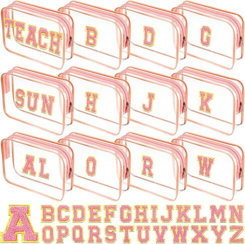 12 Personalized Initial A-z Preppy Patch Clear Makeup Bag Initial Letter Beach Travel Toiletry Cosmetic PVC Bag DIY Chenille Sew Letter Patches End of the Year Gifts(White, Multicolor Letters) in Saudi Arabia