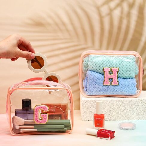 12 Personalized Initial A-z Preppy Patch Clear Makeup Bag Initial Letter Beach Travel Toiletry Cosmetic PVC Bag DIY Chenille Sew Letter Patches End of the Year Gifts(White, Multicolor Letters) in Saudi Arabia