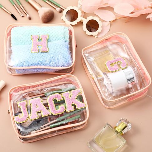 12 Personalized Initial A-z Preppy Patch Clear Makeup Bag Initial Letter Beach Travel Toiletry Cosmetic PVC Bag DIY Chenille Sew Letter Patches End of the Year Gifts(White, Multicolor Letters) in Saudi Arabia