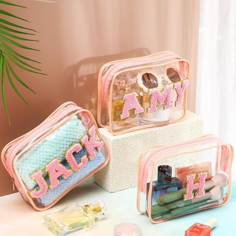 12 Personalized Initial A-z Preppy Patch Clear Makeup Bag Initial Letter Beach Travel Toiletry Cosmetic PVC Bag DIY Chenille Sew Letter Patches End of the Year Gifts(White, Multicolor Letters) in Saudi Arabia