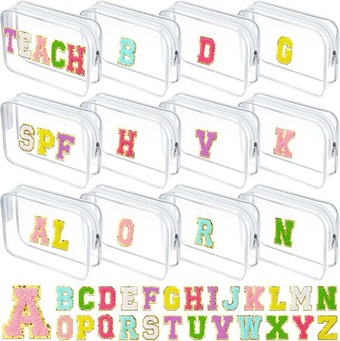 12 حقيبة مكونة من A-Z Preppy Presh Clate أولي رسالة أولية للسفر على شاطئ الأدوية التجميلية PVC Bag Diy Chenille Sew Letter Patches End of the Year (أحرف بيضاء متعددة الألوان) in Kuwait