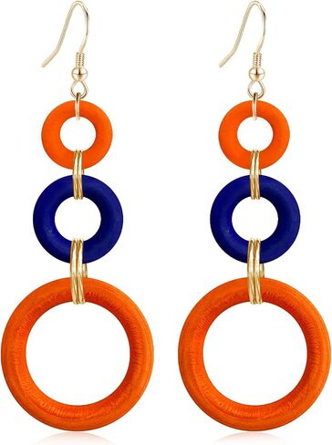 Bohemian Handmade Natural Wooden Circle Round Hoop Splicing Hook Earrings Lightweight Retro Colorful Long Wood Geometric Dangle Drop Earrings for Women in Kuwait