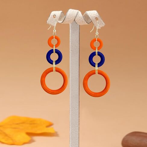 Bohemian Handmade Natural Wooden Circle Round Hoop Splicing Hook Earrings Lightweight Retro Colorful Long Wood Geometric Dangle Drop Earrings for Women in Kuwait