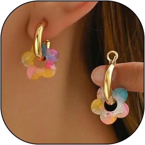 Chunky Acrylic Gold Small Flower Hoop Huggie Earrings, Colorful Boho Ear Piercing Dangle Drop Earrings, Dainty Chic Charm Jewelry Gift in Saudi Arabia