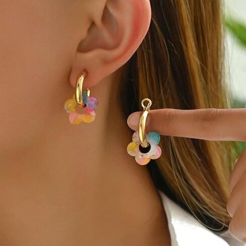 Chunky Acrylic Gold Small Flower Hoop Huggie Earrings, Colorful Boho Ear Piercing Dangle Drop Earrings, Dainty Chic Charm Jewelry Gift in Saudi Arabia