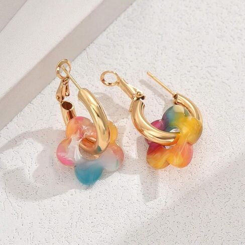 Chunky Acrylic Gold Small Flower Hoop Huggie Earrings, Colorful Boho Ear Piercing Dangle Drop Earrings, Dainty Chic Charm Jewelry Gift in Saudi Arabia