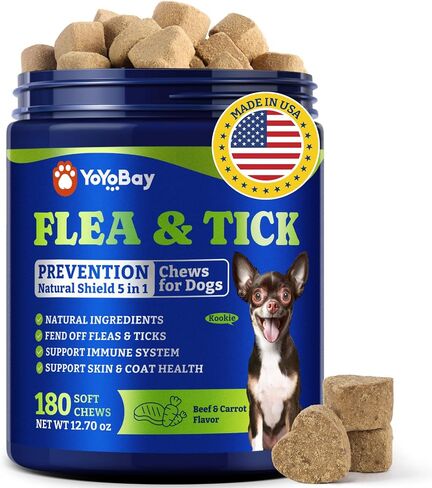 Flea & Tick Prevention for Dogs Chewables, Natural Dog Flea and Tick Control Treatment, Oral Flea Pills, Dogs Supplement, Natural Shield 5-in-1 Protection, Beef & Carrot Flavor, 70 Soft Chews in Saudi Arabia