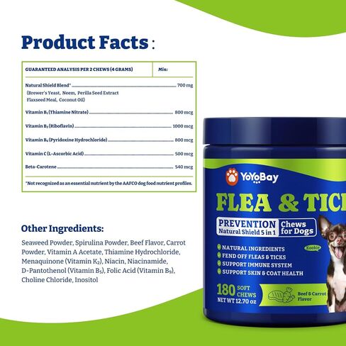 Flea & Tick Prevention for Dogs Chewables, Natural Dog Flea and Tick Control Treatment, Oral Flea Pills, Dogs Supplement, Natural Shield 5-in-1 Protection, Beef & Carrot Flavor, 70 Soft Chews in Saudi Arabia