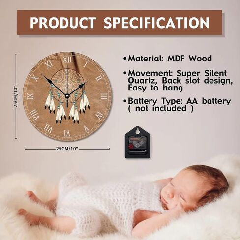 ArogGeld Native American Dreamcatcher Clock Boho Indian Talisman Wall Personalized 10 Inch Battery Operated Decor Silent Non-Ticking Wooden Wood Clocks for The Kitchen Bedroom Office, in Kuwait