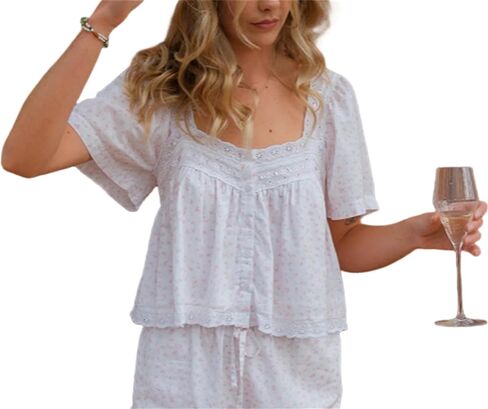 النساء الدانتيل القميص قميص كارديجان قصير زر أسفل الكشكش بلوزة الصيف بوهو قمم y2k الخروج من قمم in Kuwait