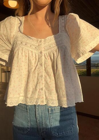 النساء الدانتيل القميص قميص كارديجان قصير زر أسفل الكشكش بلوزة الصيف بوهو قمم y2k الخروج من قمم in Kuwait