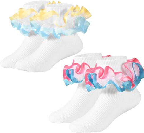 Baby Girls Two Tone Blue Lace Ruffle Socks, Double Frilly Fancy Dress Socks for Toddler Girls 1T-3T/4T-6T/6-8T in Kuwait