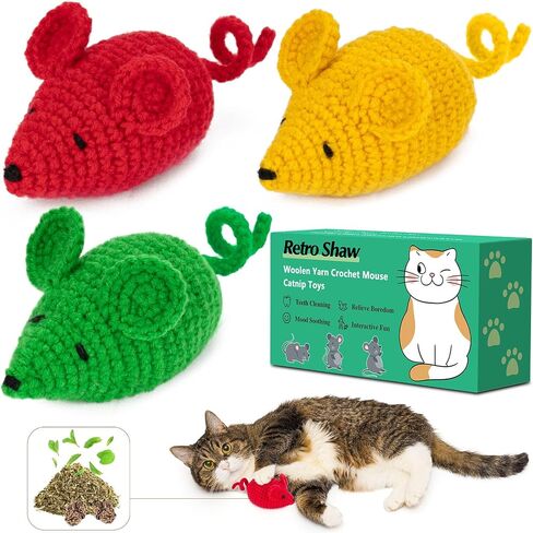 Retro Shaw Catnip Toys Crochet Mice Cat Toys,3 Pcs Yarn Cat Nip Mouse Animals Toys,Safe Teeth Cleaning Toy for Indoor Kittens in Kuwait