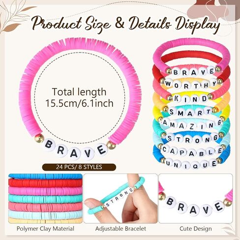 24 Sets End of Year Bracelets Gift Summer Encouragement 24 Motivational Clay Bead Bracelets 24 Inspirational Thank You Cards for End of Year Summer Birthday Party Favors Gifts from Teacher in Saudi Arabia