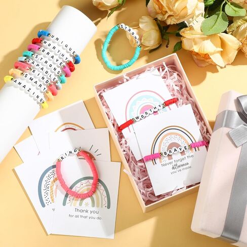 24 Sets End of Year Bracelets Gift Summer Encouragement 24 Motivational Clay Bead Bracelets 24 Inspirational Thank You Cards for End of Year Summer Birthday Party Favors Gifts from Teacher in Saudi Arabia