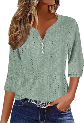 3/4 طول الأكمام المفتاح القمصان النسائية الزر العصري لأسفل V-Neck Hollow Out Tunic Top Business Discal in Kuwait