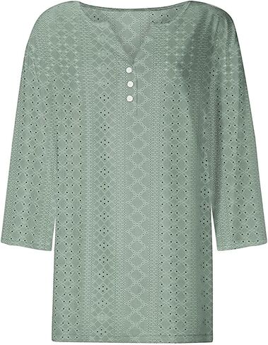 3/4 طول الأكمام المفتاح القمصان النسائية الزر العصري لأسفل V-Neck Hollow Out Tunic Top Business Discal in Kuwait